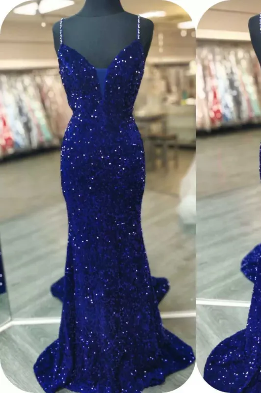 2025 Royal Blue Sequin Beaded Mermaid Prom Dresses Spaghetti Straps sold by My Chic Dress