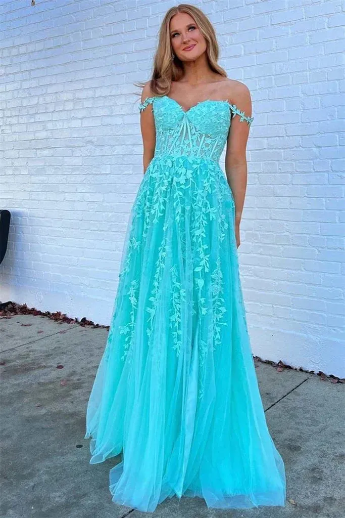 A-Line Tulle Floral Plus Size Lace Prom Dresses Applique Off-the-Shoulder sold by My Chic Dress product image thumbnail 3