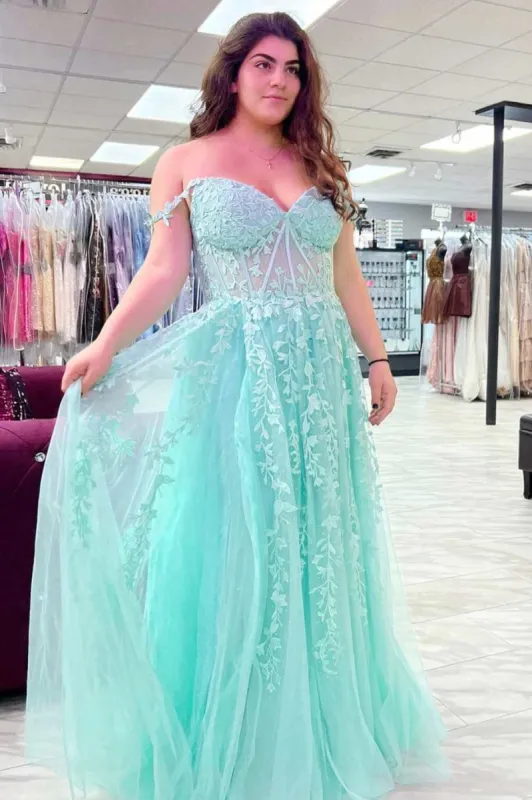 A-Line Tulle Floral Plus Size Lace Prom Dresses Applique Off-the-Shoulder sold by My Chic Dress