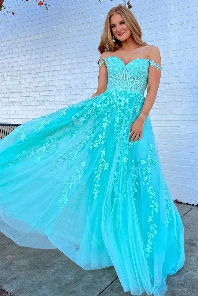 A-Line Tulle Floral Plus Size Lace Prom Dresses Applique Off-the-Shoulder sold by My Chic Dress product image thumbnail 4