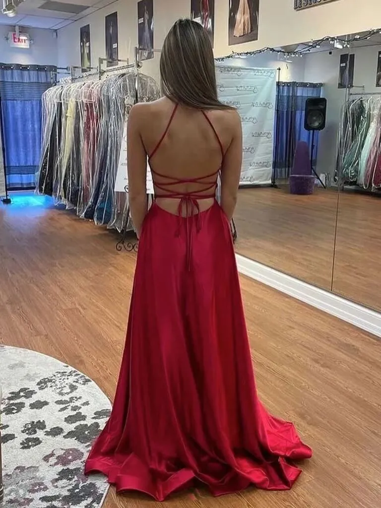 Simple Red Satin Prom Dresses V Neck Backless Long Formal Dress with High Slit sold by My Chic Dress product image thumbnail 2