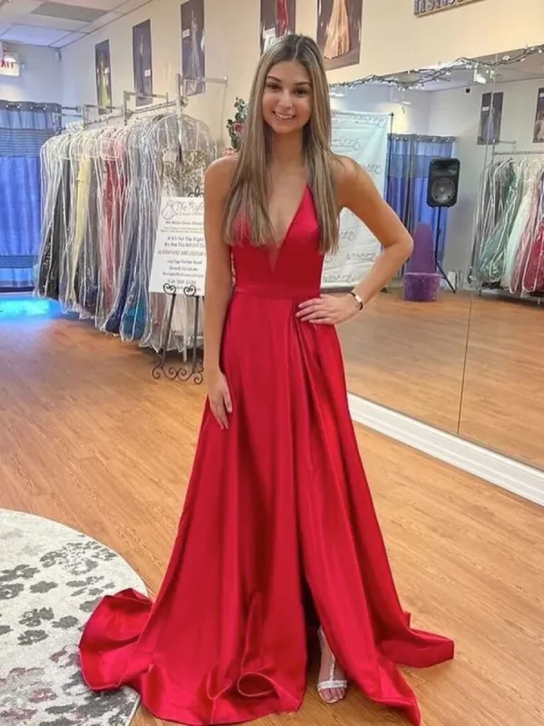 Simple Red Satin Prom Dresses V Neck Backless Long Formal Dress with High Slit sold by My Chic Dress