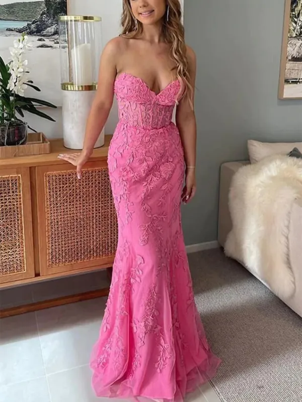 2025 Lace Mermaid Pink Prom Dresses Long Sweetheart Formal Dresses Open Back sold by My Chic Dress