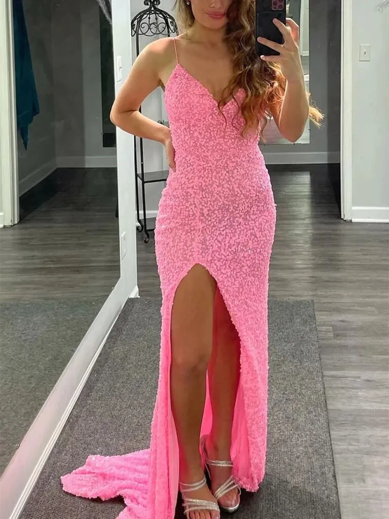 Shiny V Neck Sequins Hot Pink Prom Dresses Long Mermaid High Slit with Train sold by My Chic Dress product image thumbnail 2