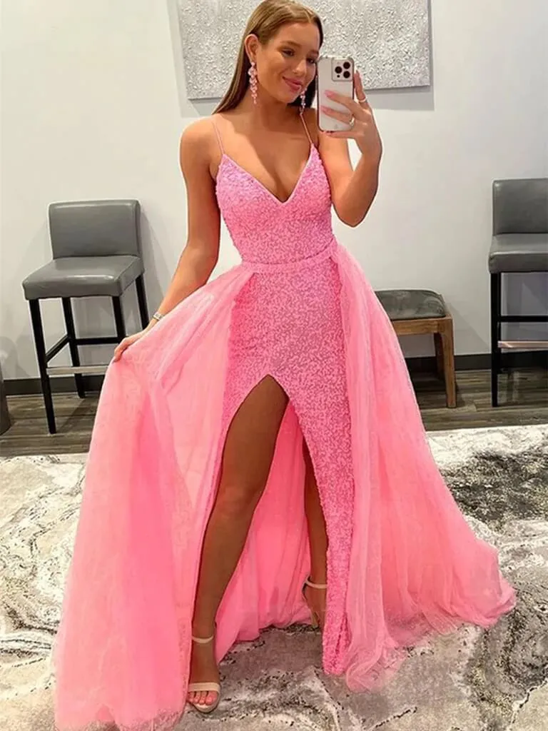 Shiny V Neck Sequins Hot Pink Prom Dresses Long Mermaid High Slit with Train sold by My Chic Dress