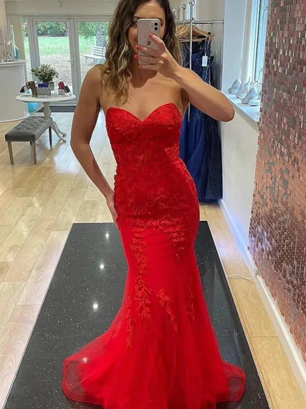 2025 Long Red Lace Prom Dresses Strapless Sweetheart Mermaid UK Formal Dress sold by My Chic Dress