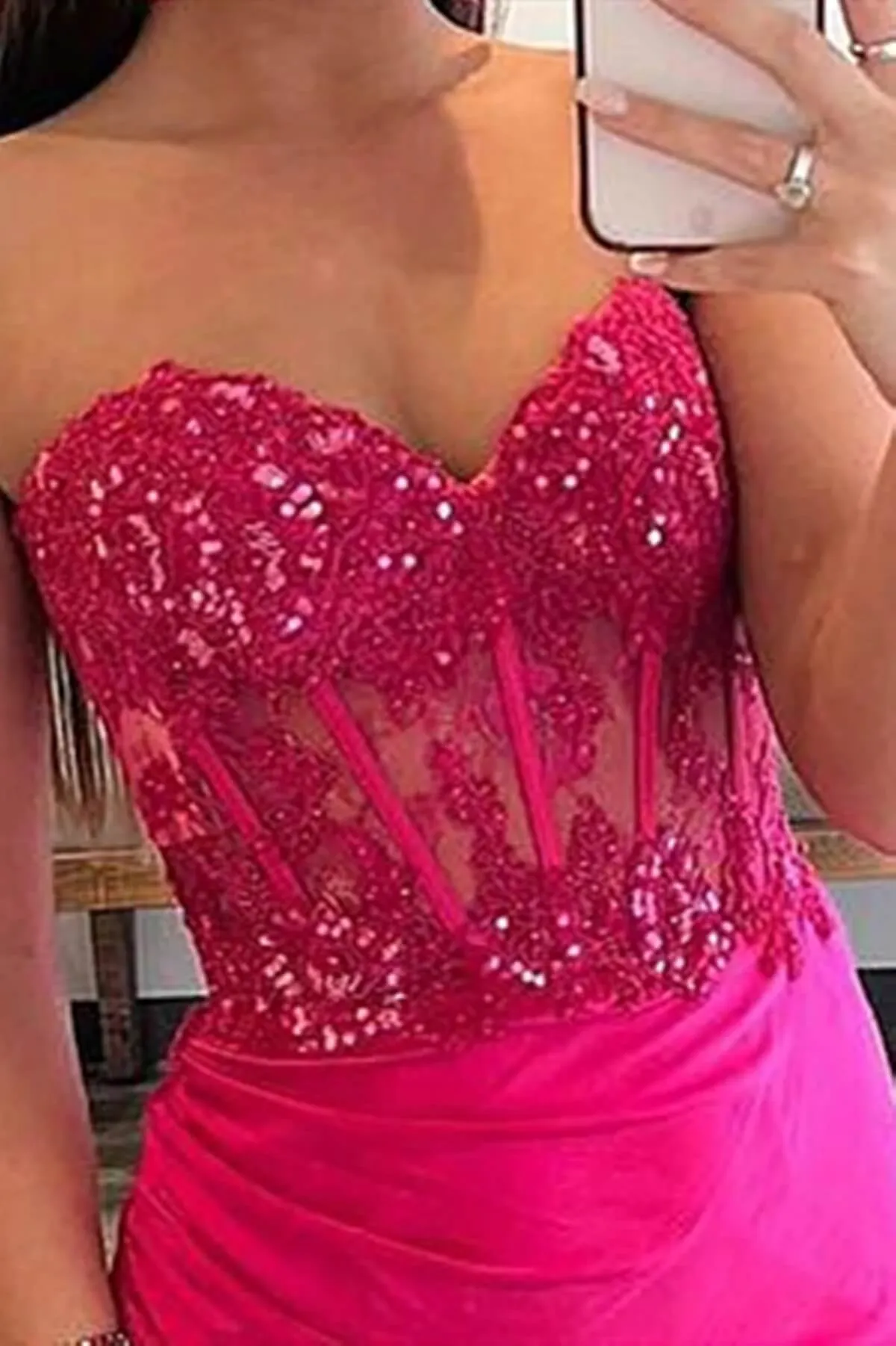 Cheap Hot Pink Lace Prom Dresses Strapless Sleeveless Formal Dress with Split sold by My Chic Dress product image thumbnail 2