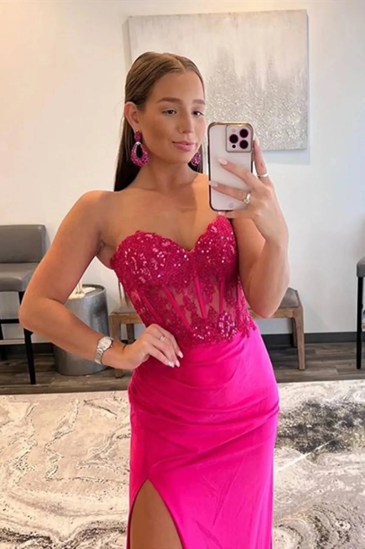 Cheap Hot Pink Lace Prom Dresses Strapless Sleeveless Formal Dress with Split sold by My Chic Dress product image thumbnail 3