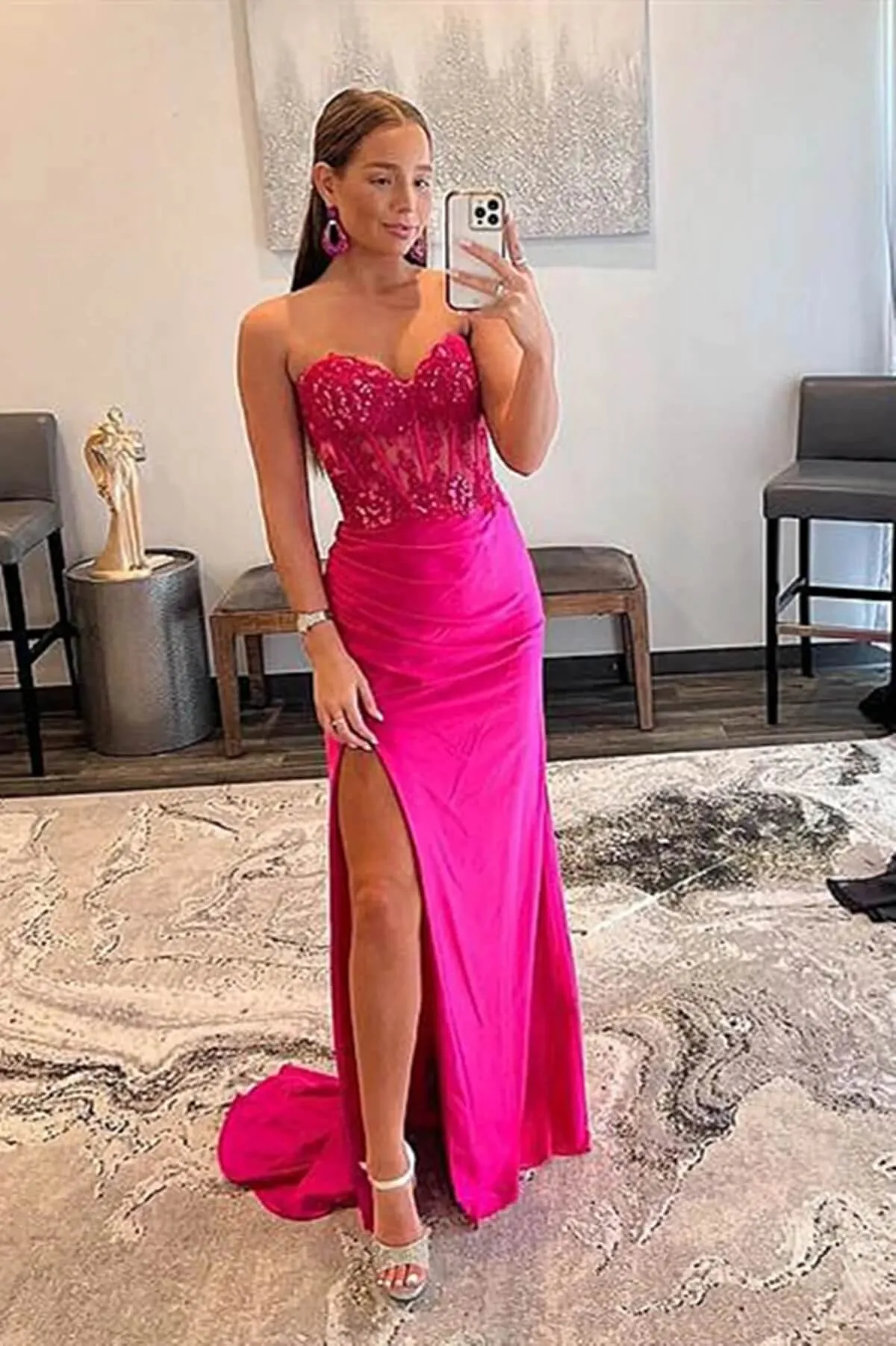 Cheap Hot Pink Lace Prom Dresses Strapless Sleeveless Formal Dress with Split sold by My Chic Dress