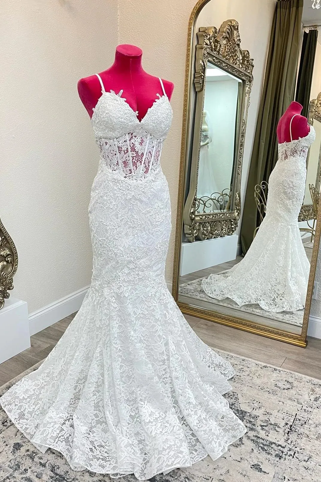 Elegant Lace White Wedding Dresses Long Mermaid Spaghetti Straps Bridal Wear sold by My Chic Dress