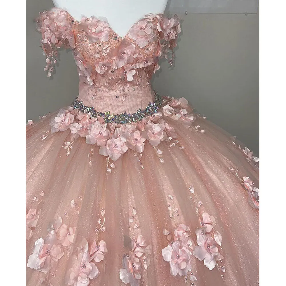 Princess Off the Shoulder Beaded 3D Flowers Pink Quinceanera Dresses Ball Gown sold by My Chic Dress product image thumbnail 3