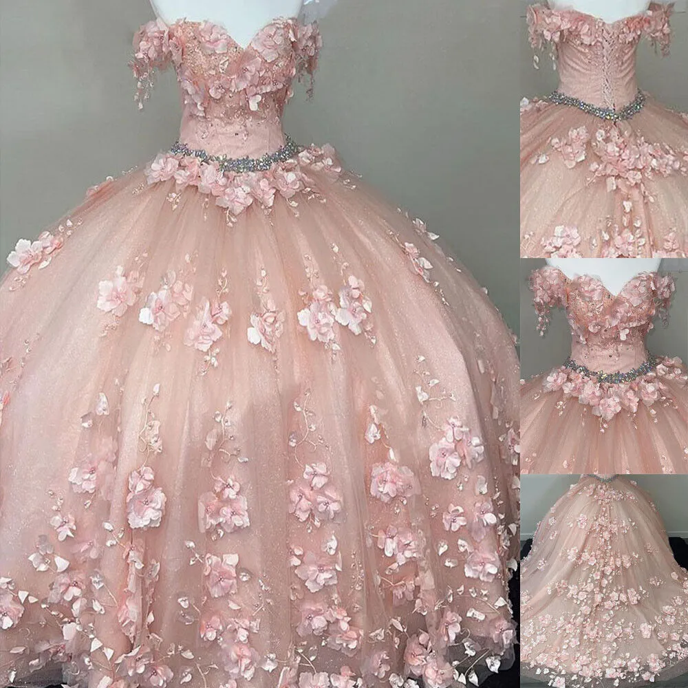 Princess Off the Shoulder Beaded 3D Flowers Pink Quinceanera Dresses Ball Gown sold by My Chic Dress product image thumbnail 4