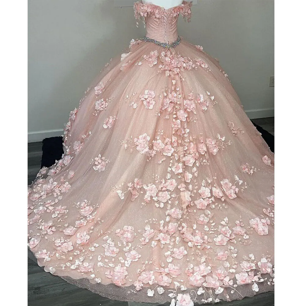 Princess Off the Shoulder Beaded 3D Flowers Pink Quinceanera Dresses Ball Gown sold by My Chic Dress product image thumbnail 2