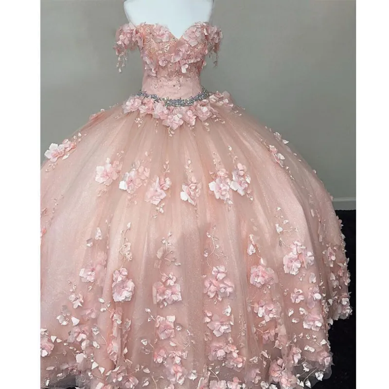 Princess Off the Shoulder Beaded 3D Flowers Pink Quinceanera Dresses Ball Gown sold by My Chic Dress