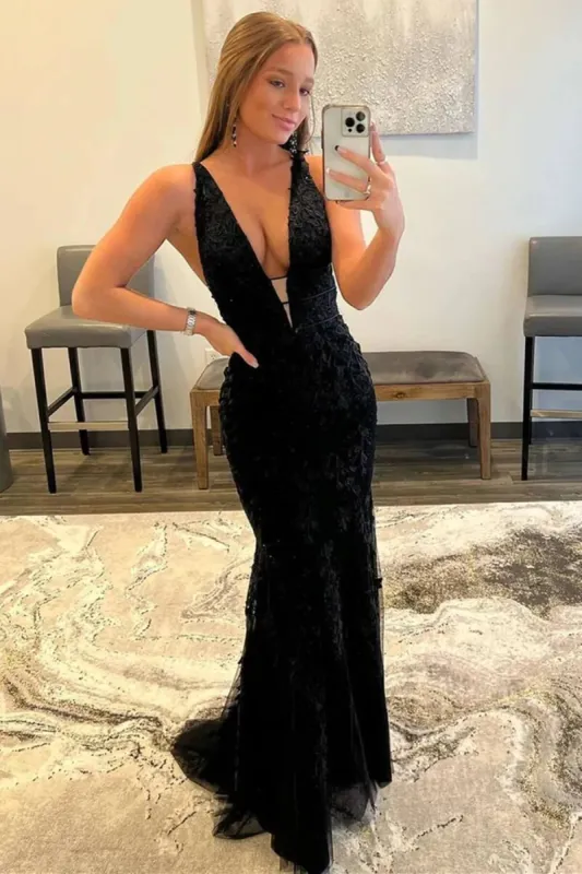 Cheap 2025 Long Black Lace Prom Dresses V Neck Backless Mermaid Formal Dresses sold by My Chic Dress