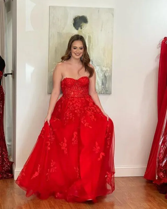 Cheap 2025 Lace Prom Dresses Red Applique Strapless A Line Formal Dress sold by My Chic Dress