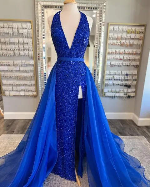 Deep V Neck Royal Blue Sequin Prom Dresses Mermaid with Tulle Train sold by My Chic Dress