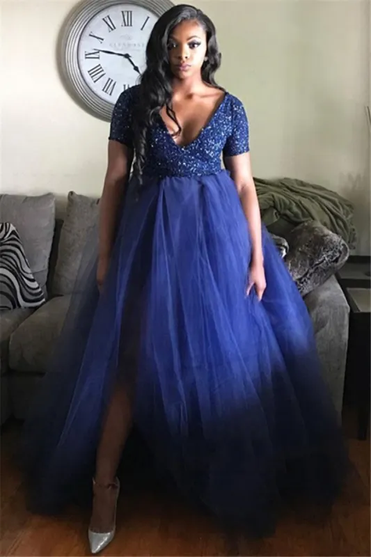 A Line Sequin Tulle Plus Size Prom Dresses Royal Blue High Waist Formal Dress sold by My Chic Dress