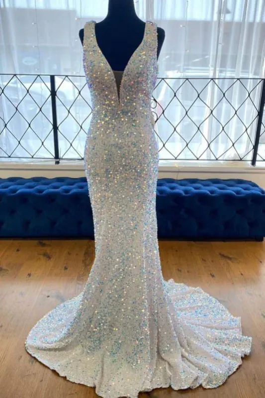 Sequin White Iridescent Formal Dress Cheap V Neck Sleeveless Prom Dress UK sold by My Chic Dress