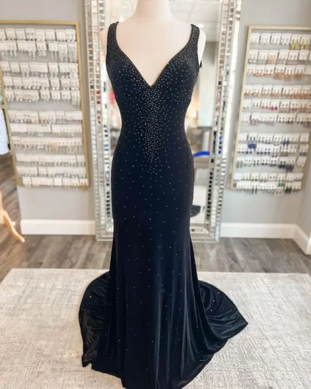 Long Velvet Black Prom Dresses Straps Crystals V Neck Formal Dress Gowns sold by My Chic Dress