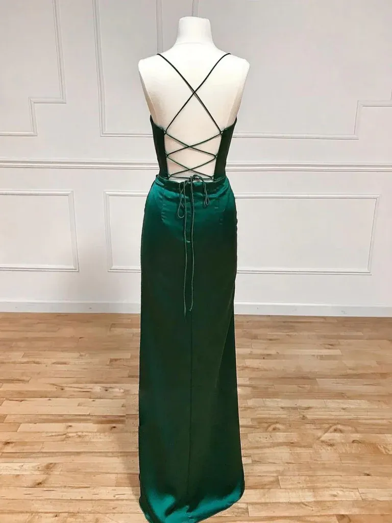 Modest Satin Dark Green Mermaid Bridesmaid Dress Straps Wedding Guest Dress sold by My Chic Dress product image thumbnail 4