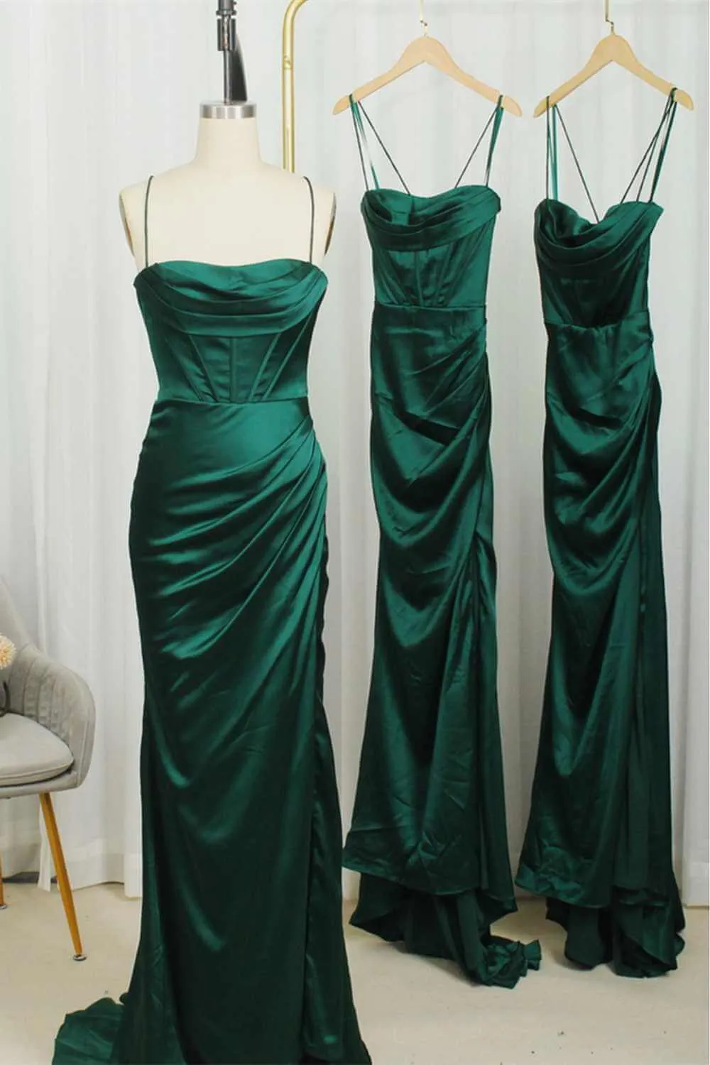 Modest Satin Dark Green Mermaid Bridesmaid Dress Straps Wedding Guest Dress sold by My Chic Dress