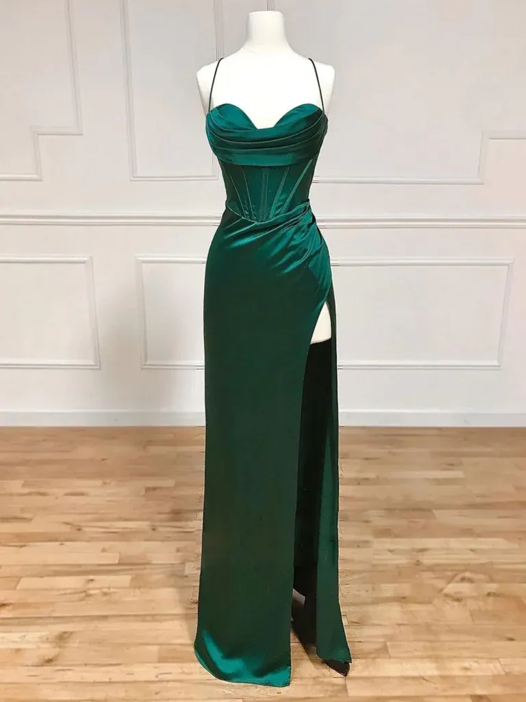 Modest Satin Dark Green Mermaid Bridesmaid Dress Straps Wedding Guest Dress sold by My Chic Dress product image thumbnail 3