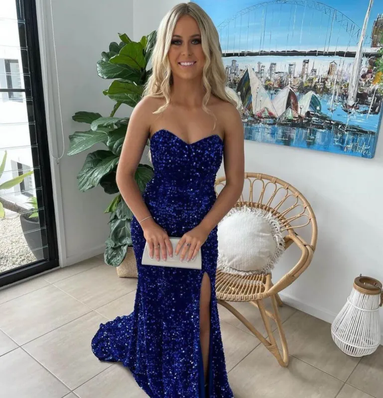 Sparkly Long Royal Blue Prom Dresses Sequins Sleeveless Formal Gowns Cheap sold by My Chic Dress