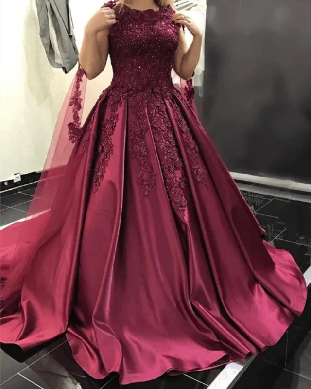 2025 Ball Gown Burgundy Prom Dress Satin Lace Cap Sleeves Wedding Dress sold by My Chic Dress