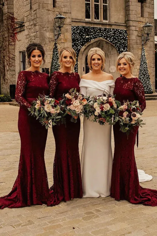 Floor Length Long Sleeves Burgundy Bridesmaid Dresses Lace Mermaid Belt sold by My Chic Dress