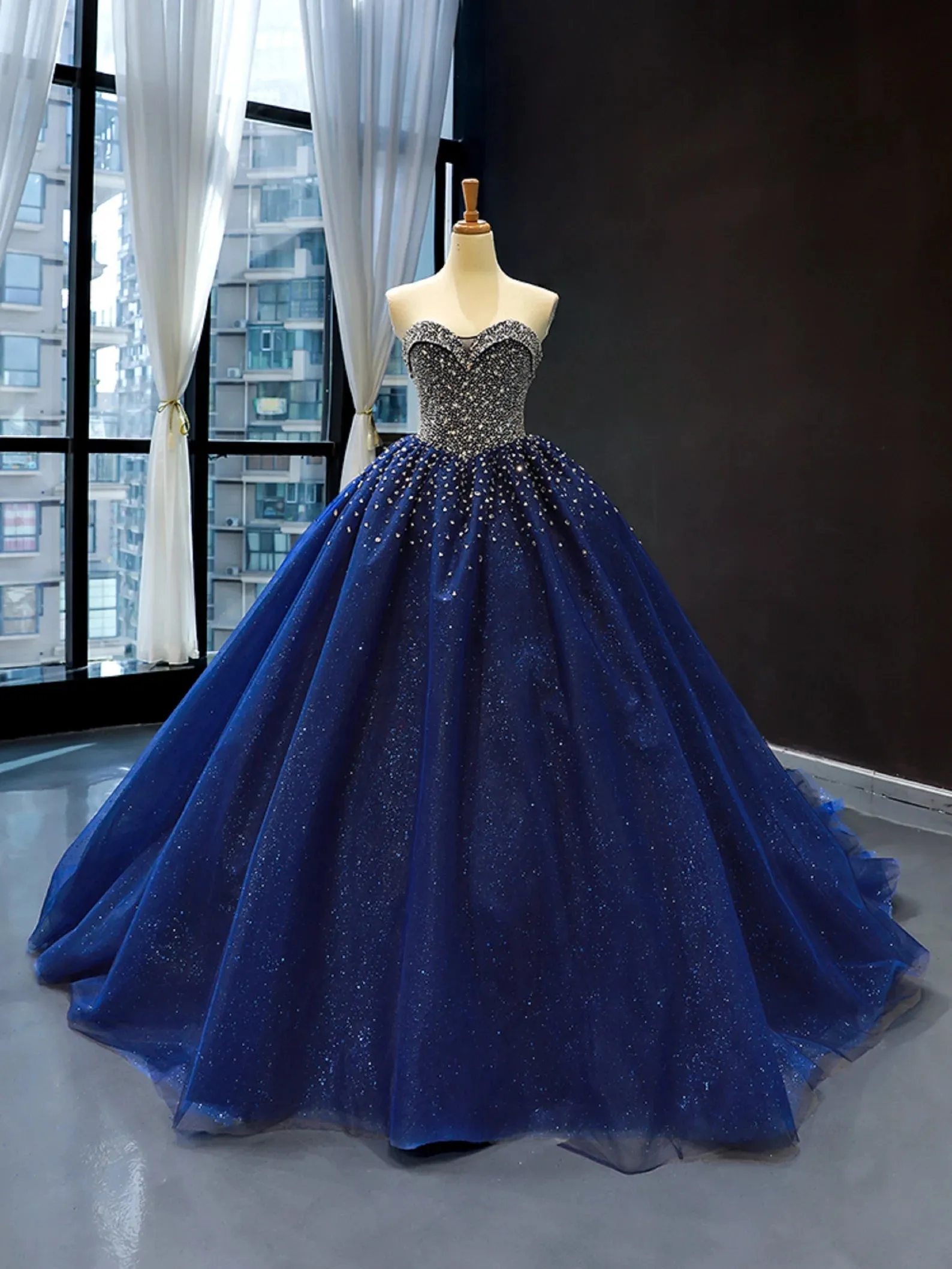 Crystals Sequined Navy Blue Quince Dresses Ball Gown Wedding Dresses sold by My Chic Dress