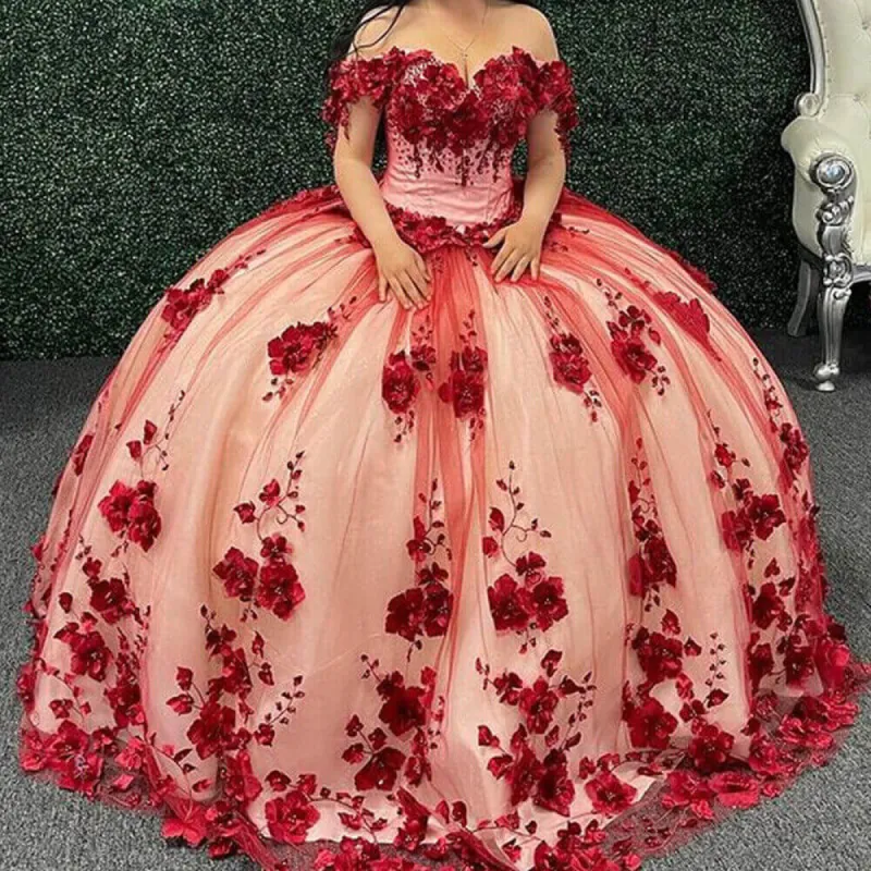 3D Flowers Dark Red Sweet 16 Dresses Off The Shoulder 2025 Quinceanera Dress sold by My Chic Dress