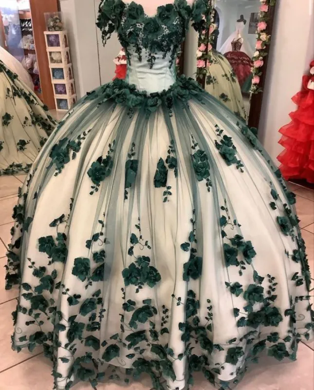 Hot 2025 Green Quicneanera Dress 3D Flowers Off The Shoulder Sweet 16 Party Dresses sold by My Chic Dress