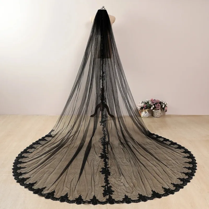 Black Lace Wedding Veil Long Custom Lace Trim Bridal Veils sold by My Chic Dress