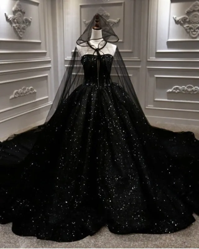 Luxury Ball Gown Sequin Black Wedding Dresses Gothic With Cape Veil sold by My Chic Dress