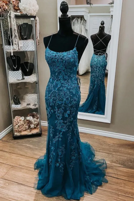 Cheap Mermaid Lace 2025 Prom Dresses Corset Dark Teal  Long Formal Dress sold by My Chic Dress