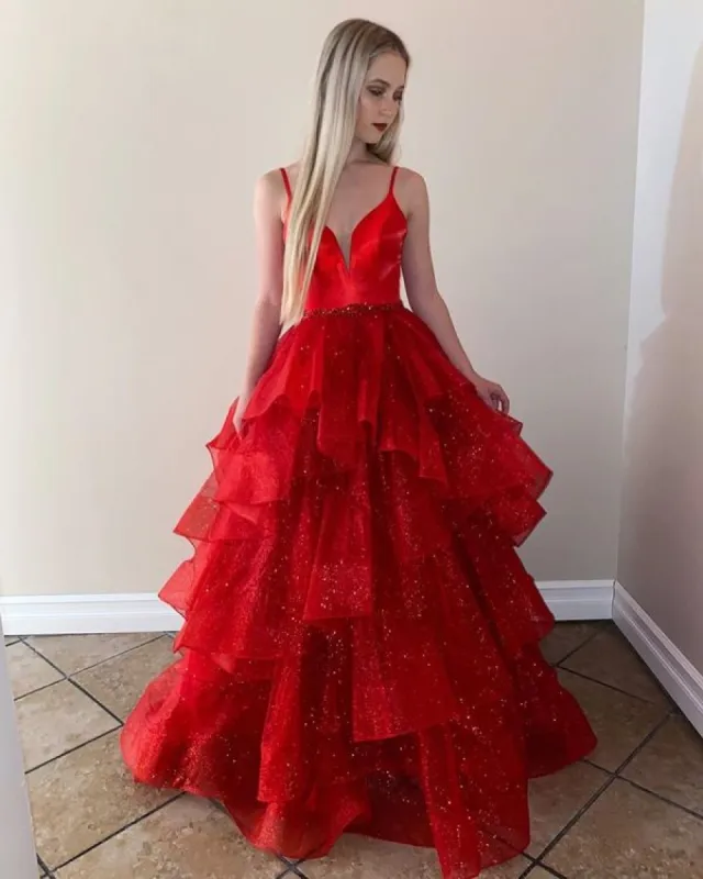 A Line Sparkly Ball Gown Red Prom Dresses 2025 Ruffled Tulle Formal Dress sold by My Chic Dress
