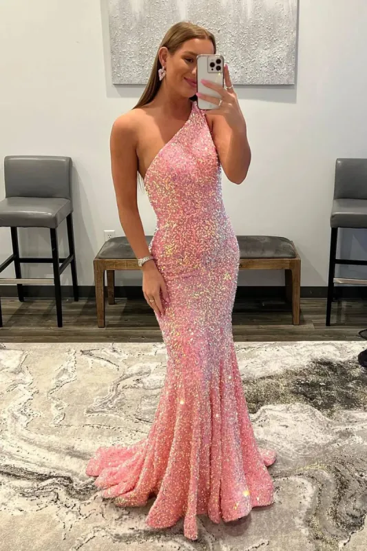 2025 Sparkly Sequins Mermaid Prom Dresses One Shoulder Long Formal Dress sold by My Chic Dress