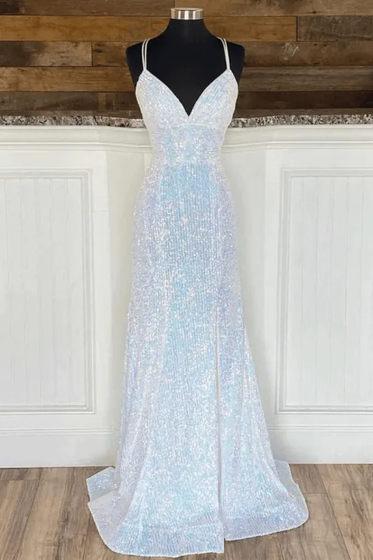 Shiny Mermaid Sequins Long White Prom Dresses V Neck Sleeveless Formal Dresses sold by My Chic Dress