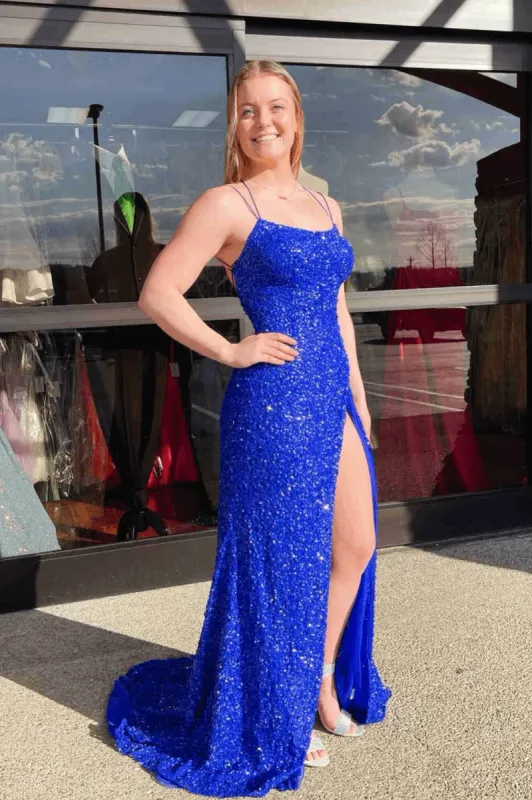 Sparkly Royal Blue Sequins Prom Dress UK Long Mermaid Formal Dress with Slit sold by My Chic Dress