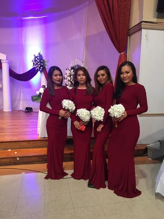 Cheap Long Sleeves Satin Burgundy Bridesmaid Dresses Mermaid Boat Neckline sold by My Chic Dress product image thumbnail 2
