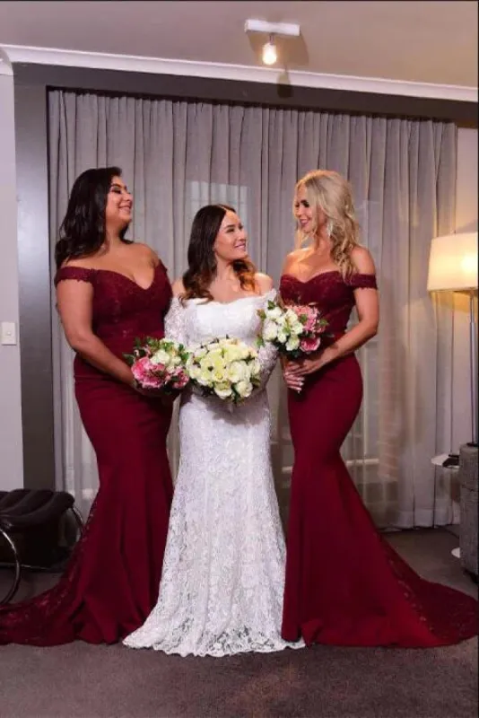 Hot Mermaid Burgundy Lace Bridesmaid Dresses Long Off Shoulder sold by My Chic Dress
