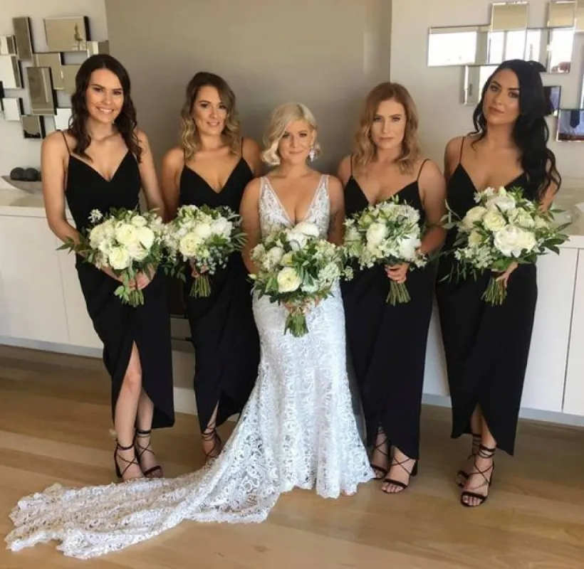 Cheap Black Short Bridesmaid Dresses Boho Sheath V Neck Spaghetti Straps sold by My Chic Dress