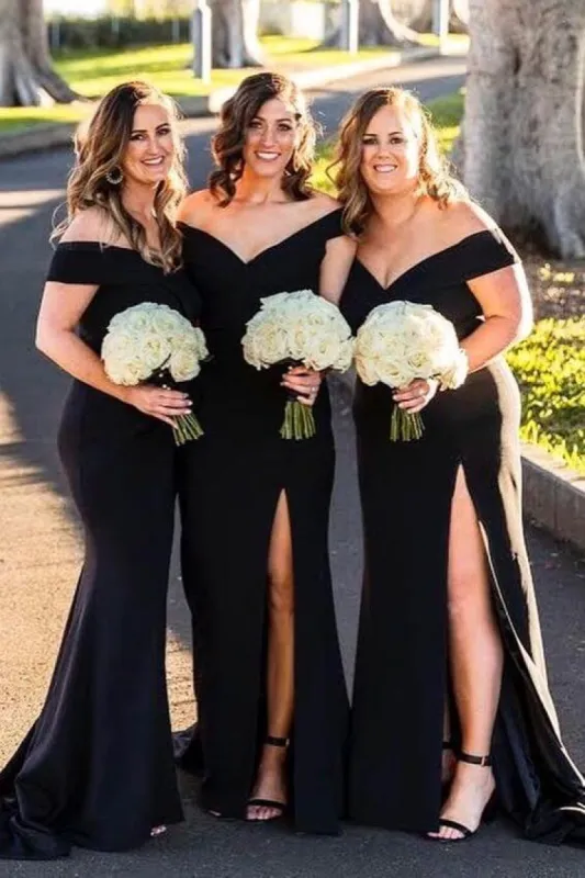 Cheap Satin Black Bridesmaid Dresses Off Shoulder Mermaid Long Dress with Slit sold by My Chic Dress