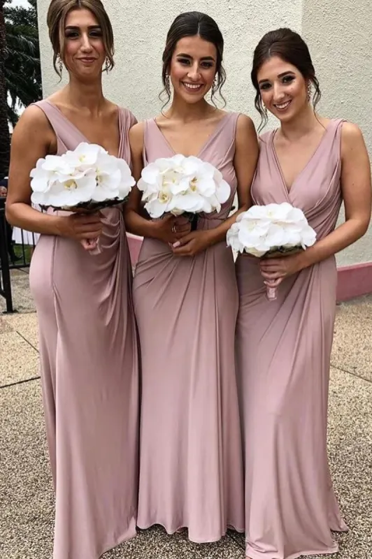 Cheap Chiffon Blush Pink Bridesmaid Dresses Sleeveless Deep V Neck sold by My Chic Dress