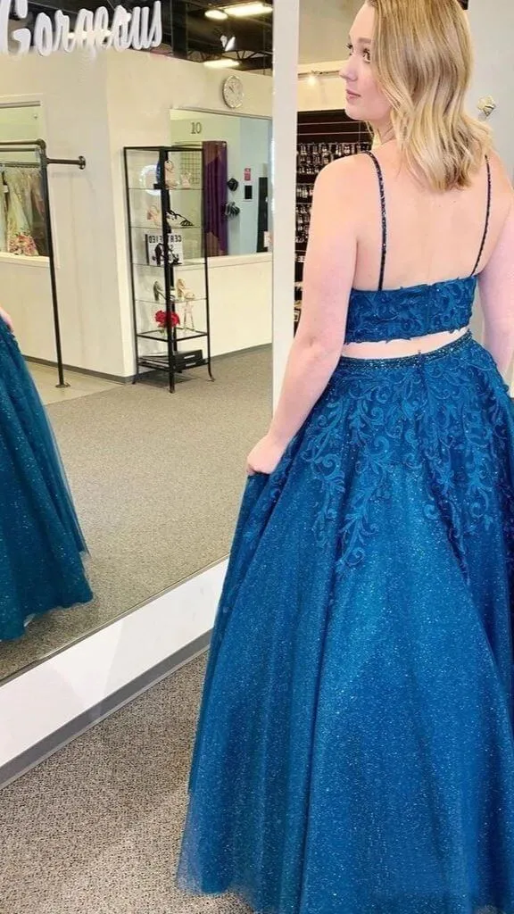 Sexy Blue 2 piece Prom Dresses Lace Sequin V Neck Formal Evening Dress sold by My Chic Dress product image thumbnail 3
