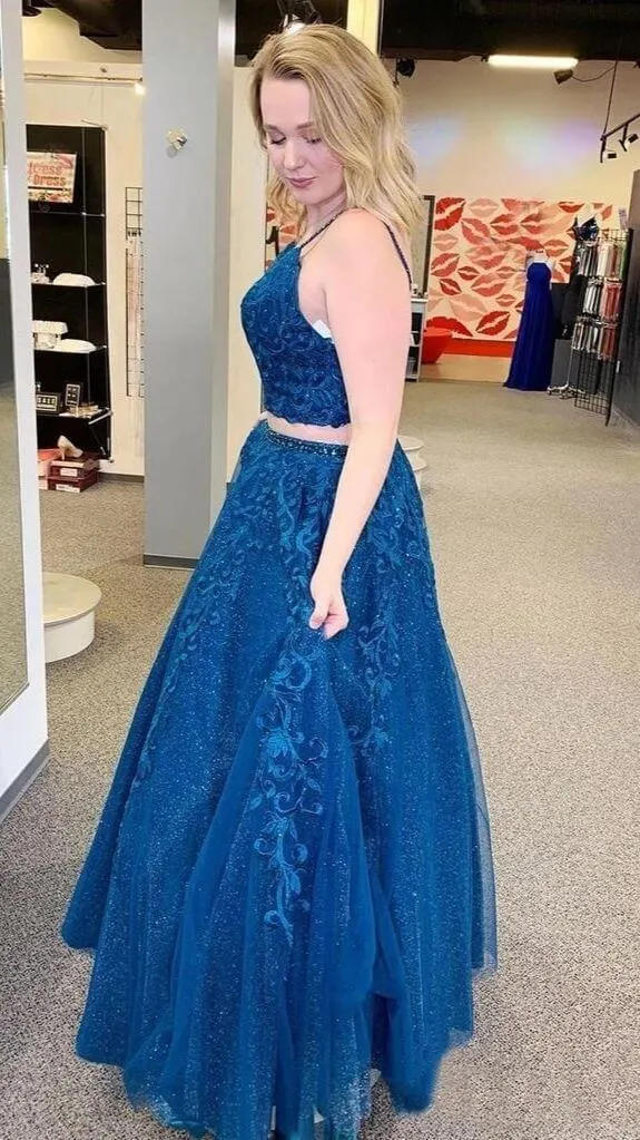 Sexy Blue 2 piece Prom Dresses Lace Sequin V Neck Formal Evening Dress sold by My Chic Dress product image thumbnail 2