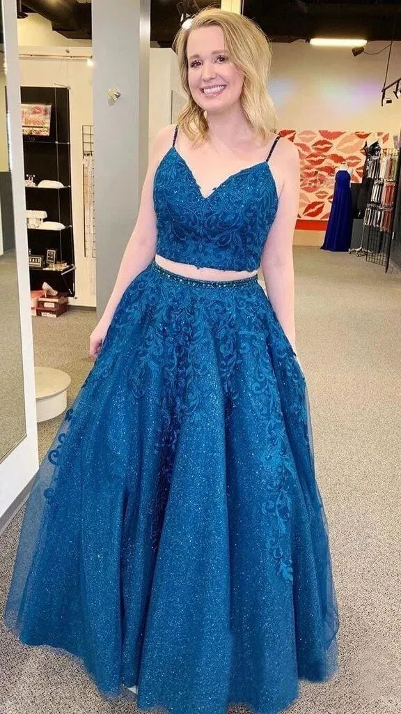 Sexy Blue 2 piece Prom Dresses Lace Sequin V Neck Formal Evening Dress sold by My Chic Dress