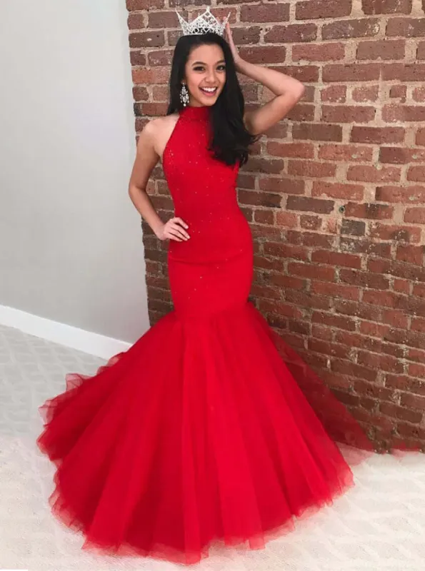 High Neck Long Mermaid Red Prom Dresses UK Glitter Tulle Formal Dress sold by My Chic Dress
