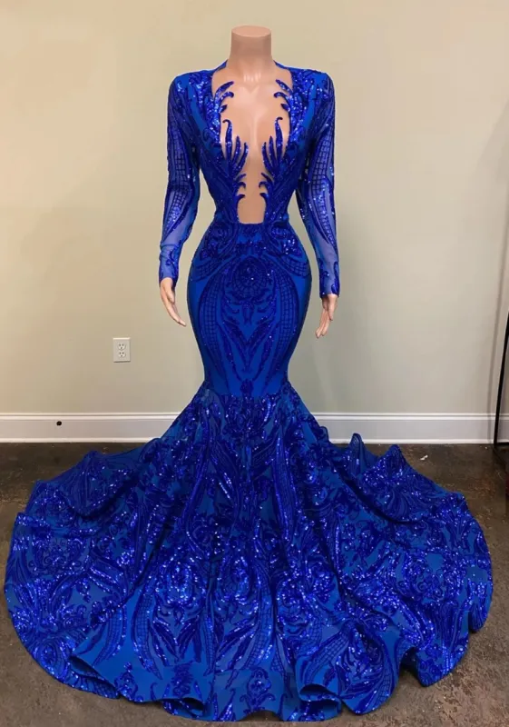 Gorgeous Mermaid Royal Blue Prom Dresses Long Sleeve Sequin Formal Gala Gowns sold by My Chic Dress